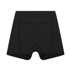 Women’s high rise pocket yoga shorts by ODMPOD, featuring a comfortable fit and practical side pockets, shown in gray fabric.