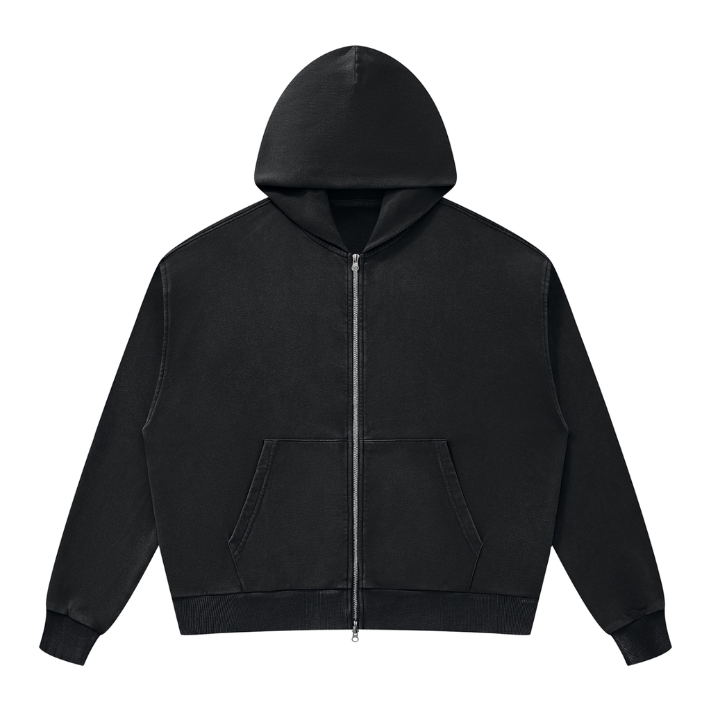 Felpa unisex boxy con cappuccio e zip integrale, lavaggio minerale