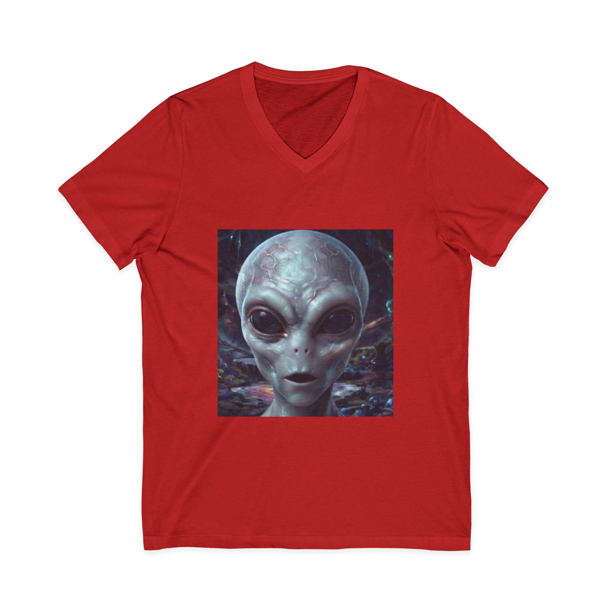 Alien Face V-Neck Tee — Realistic Extraterrestrial Graphic T-Shirt