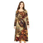 Autumn Masquerade long sleeve dress with all-over print featuring "No More Stolen Sisters" message from Printify's MMIWG collection.