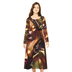 Abstract long sleeve dress with "No More Stolen Sisters" print, featuring artistic all-over pattern from Printify's MMIWG collection.
