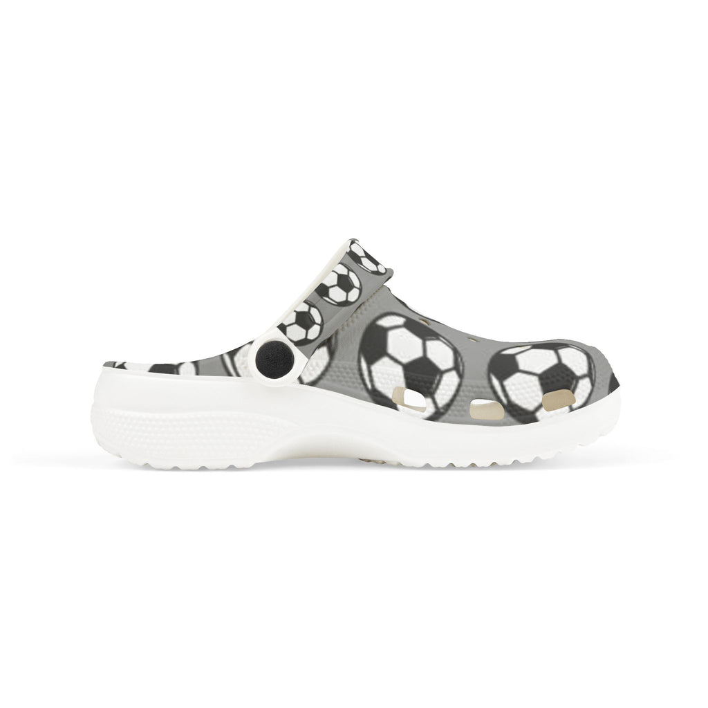 Kids Soccer Clogs — Gray EVA Foam Slip-Ons with Soccer Ball Print