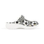 Gray kids' soccer clogs by Printify, slip-on shoes with EVA foam material and playful soccer ball print design.