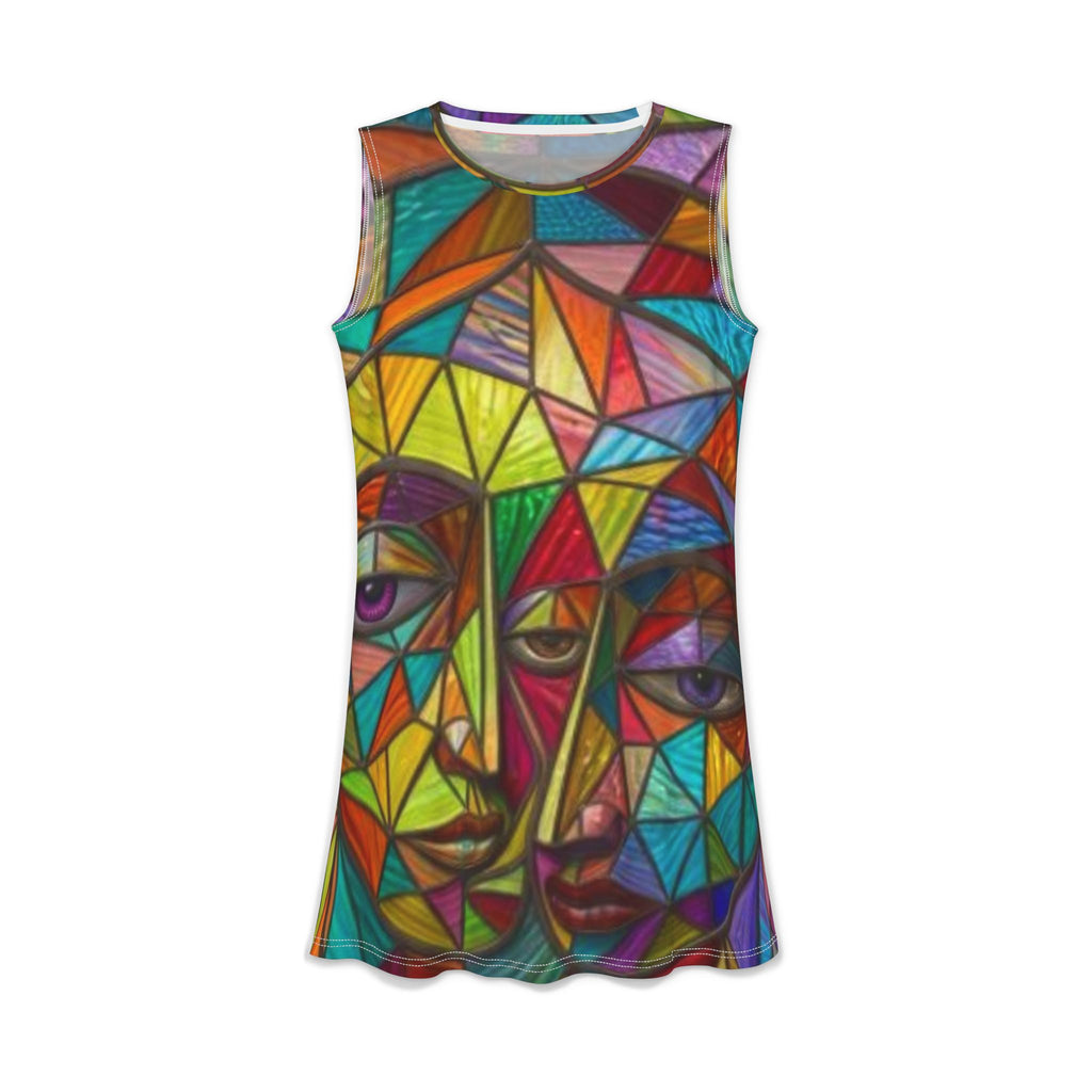 Colorful Geometric Faces Dress | Abstract Mosaic Art AOP | "No More Stolen Sisters" Series #mmiwg