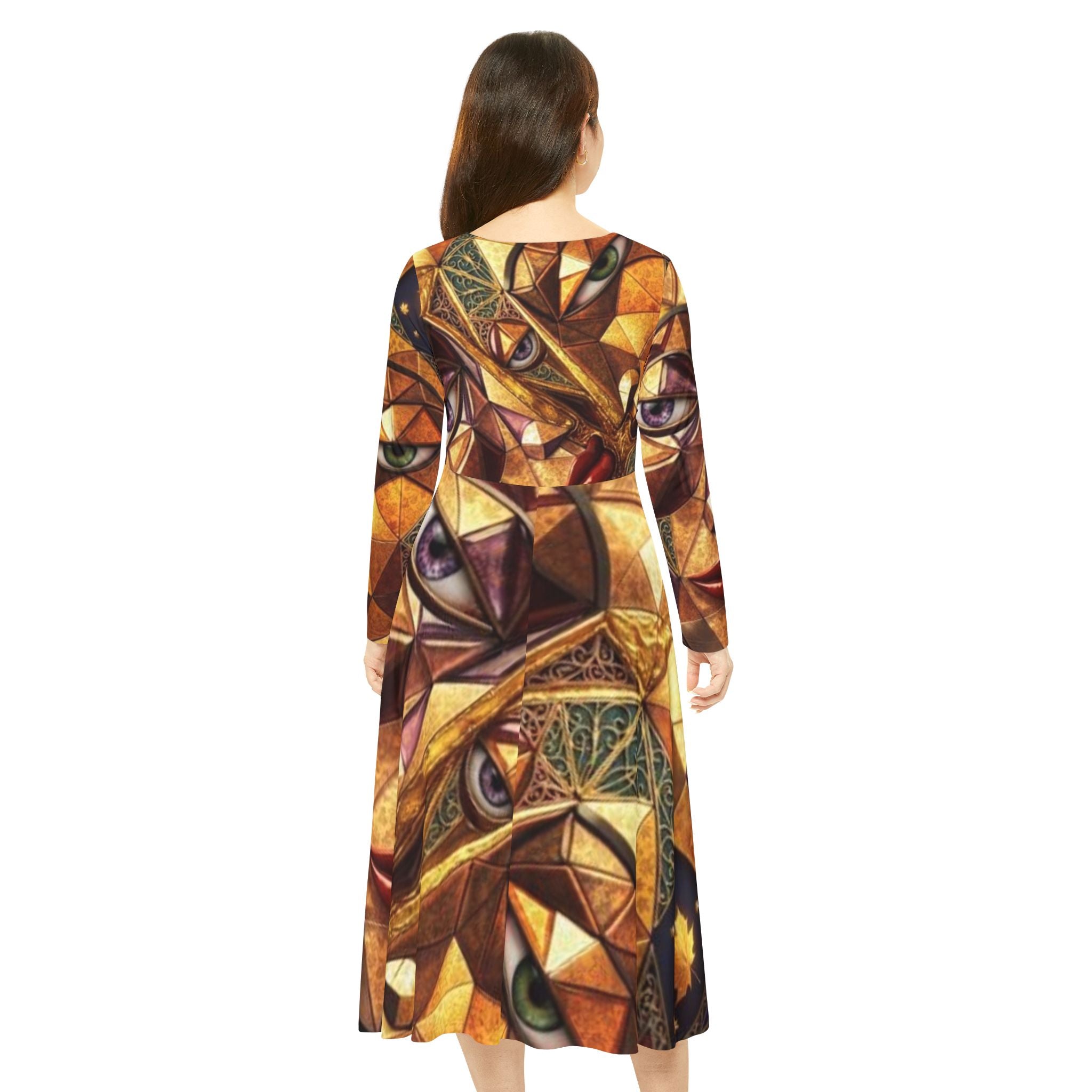 Geometric Cat Mosaic Long Sleeve AOP  Dress -"No More Stolen Sisters!" Collection