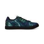 Men's low-top leather sneakers with teal marble swirl design, casual Printify shoes, featuring a comfortable leather upper and stylish look.