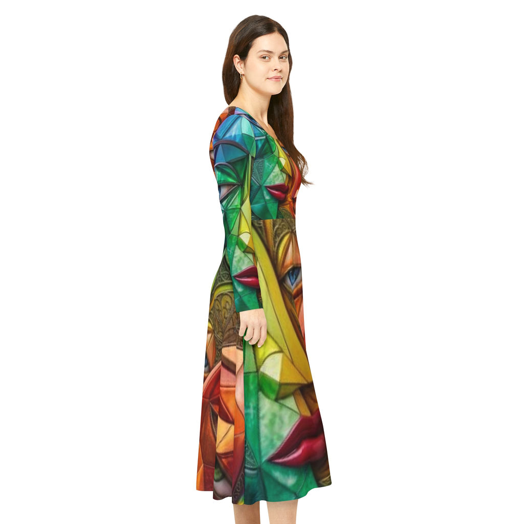 Vestido de caras cubistas coloridas | Vestido de baile de manga larga