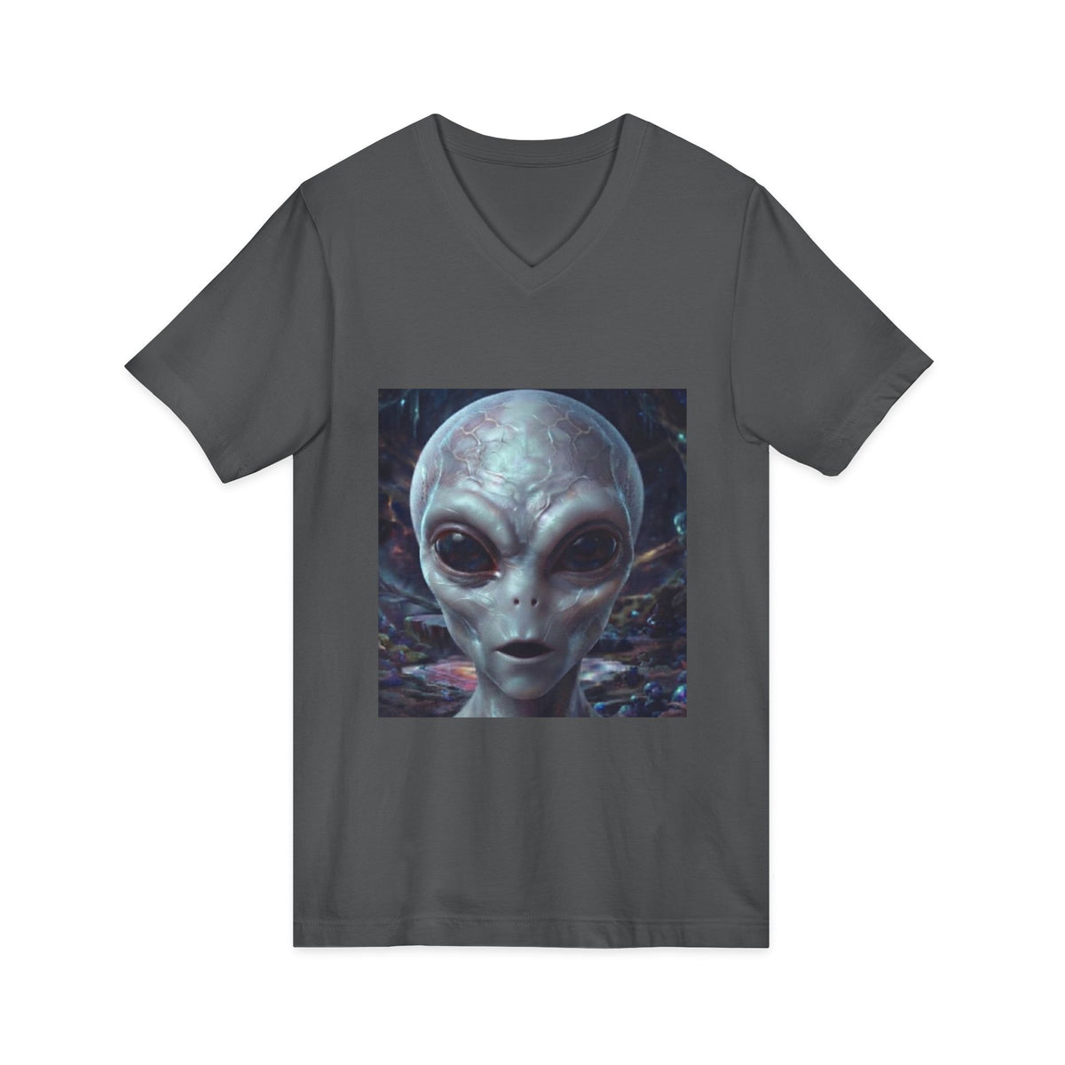 Alien Face V-Neck Tee — Realistic Extraterrestrial Graphic T-Shirt