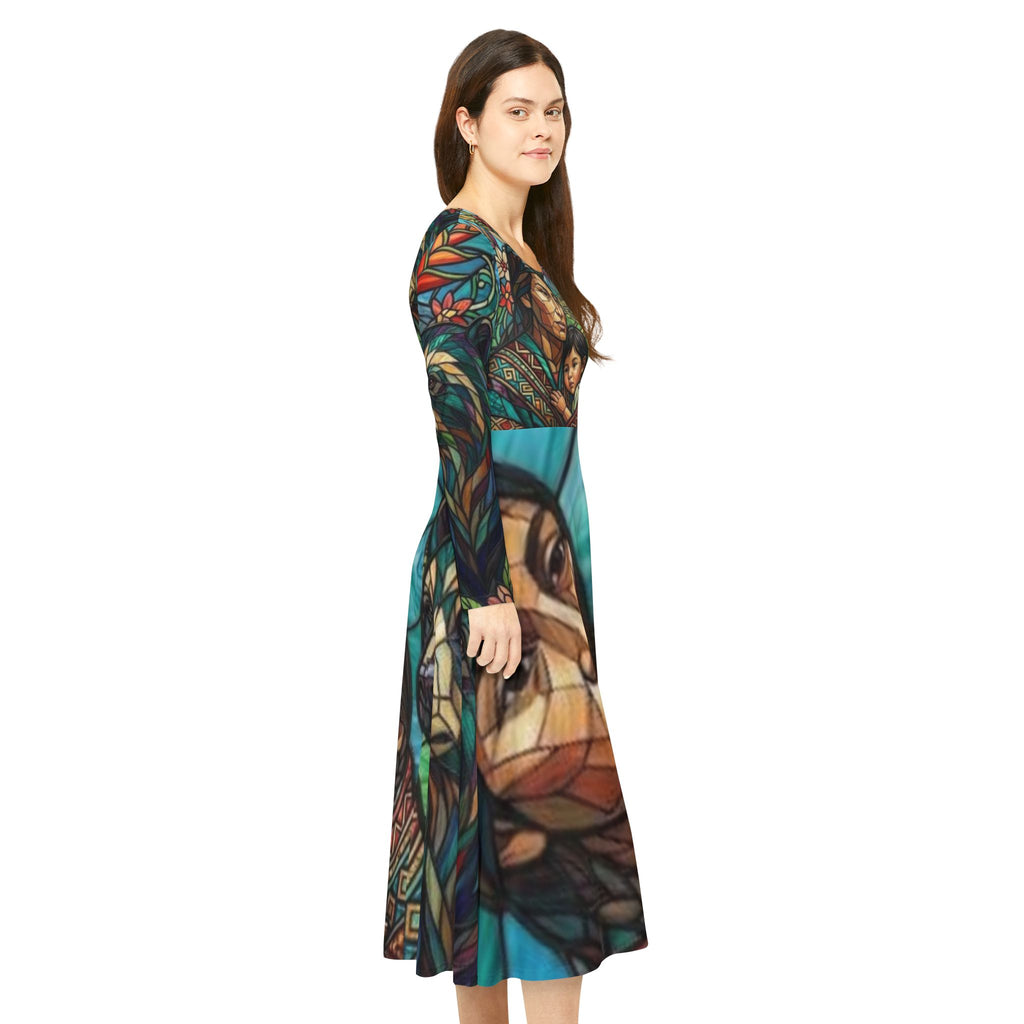 Columbian Mother and Child with spirit bear, No More Stolen Sisters Series, #mmiwg, Stained Glass Art Dress | Long Sleeve Dance Dress