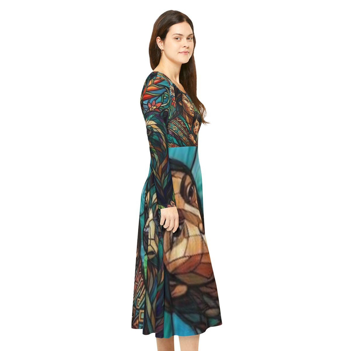 Columbian Mother and Child with spirit bear, No More Stolen Sisters Series, #mmiwg, Stained Glass Art Dress | Long Sleeve Dance Dress