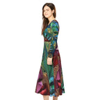 Women's long sleeve dance dress with vibrant all-over print from Printify, featuring bold "No More Stole Sisters" design.