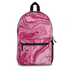 Pink marble backpack with swirl pattern, stylish school and travel bag from Printify featuring a trendy pink aesthetic.