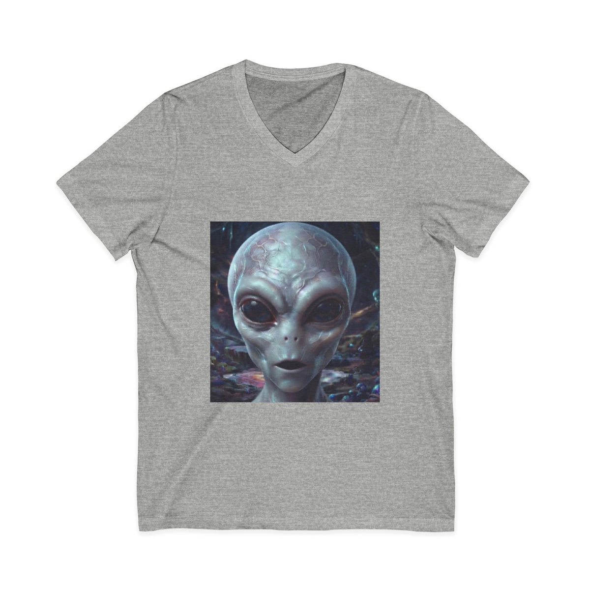 Alien Face V-Neck Tee — Realistic Extraterrestrial Graphic T-Shirt