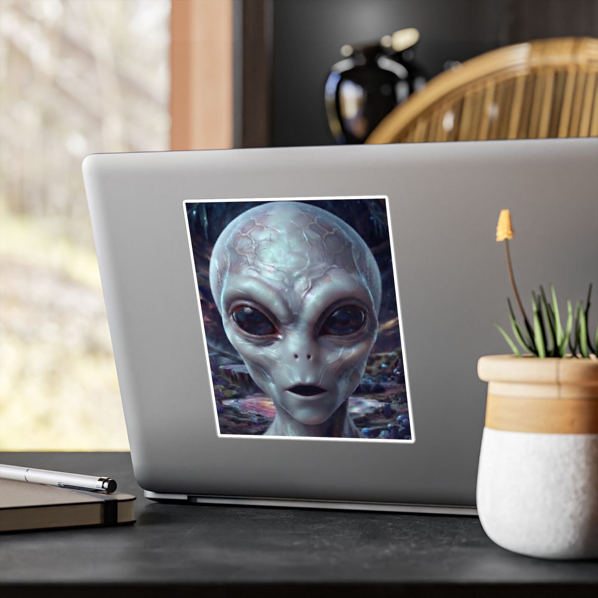 Alien Face Vinyl Decal — Kiss-Cut Extraterrestrial Sticker for Laptops, Windows & Gear