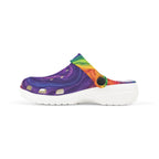 Kids Rainbow Swirl Foam Clogs by Printify featuring colorful tie-dye design and slip-on EVA shoes for children.
