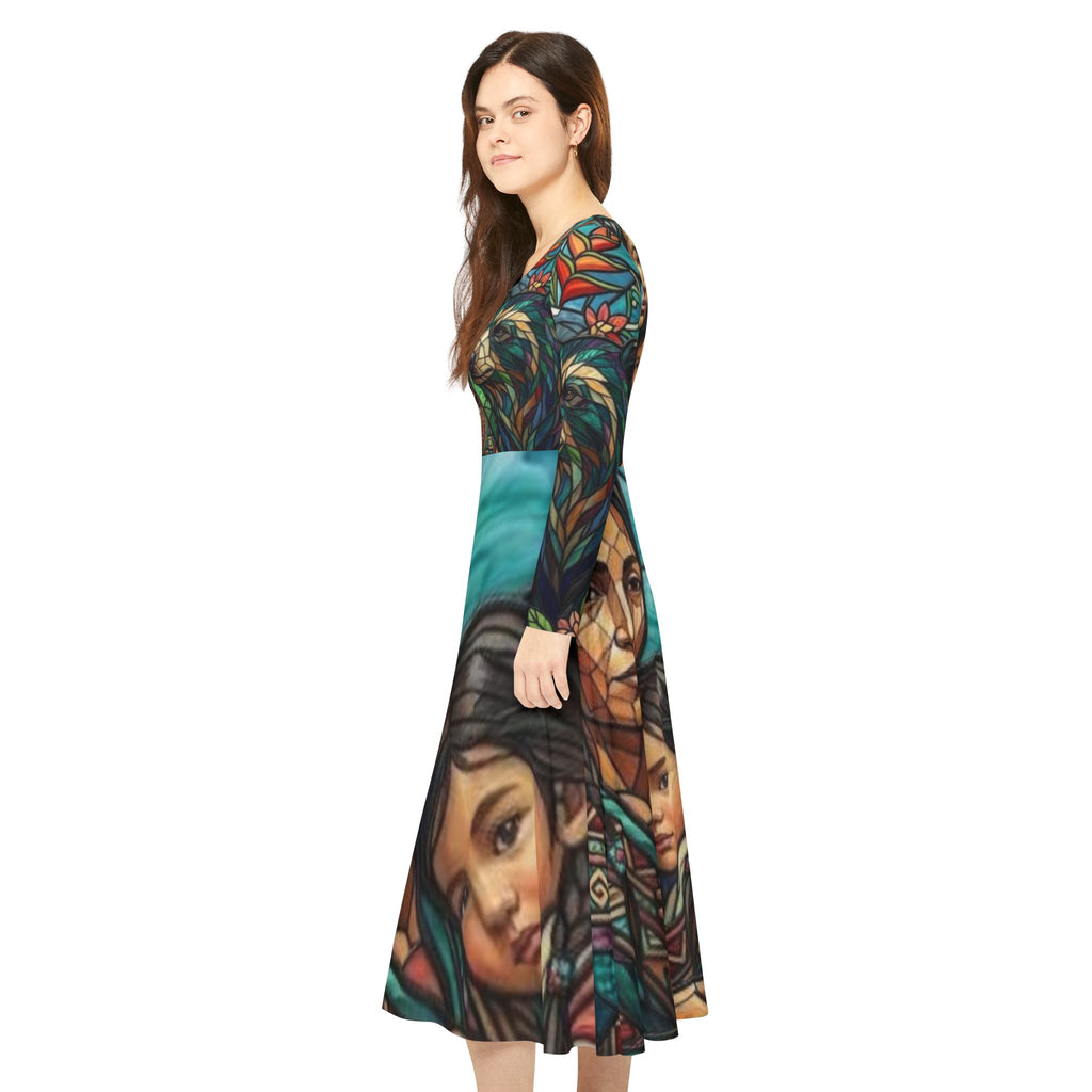 Columbian Mother and Child with spirit bear, No More Stolen Sisters Series, #mmiwg, Stained Glass Art Dress | Long Sleeve Dance Dress