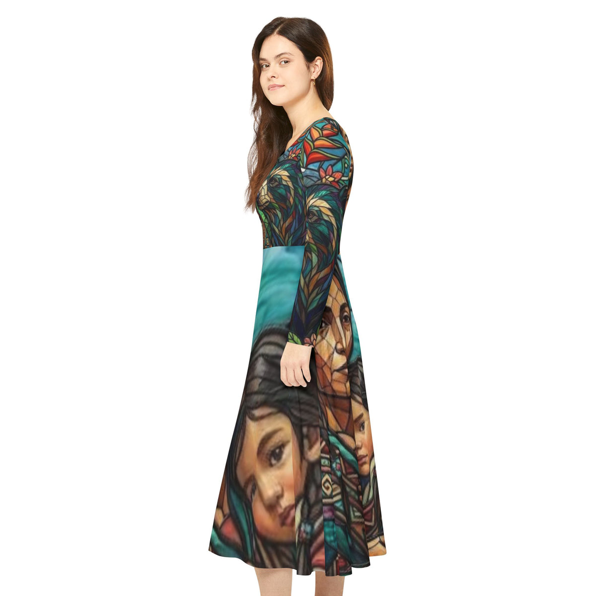 Columbian Mother and Child with spirit bear, No More Stolen Sisters Series, #mmiwg, Stained Glass Art Dress | Long Sleeve Dance Dress