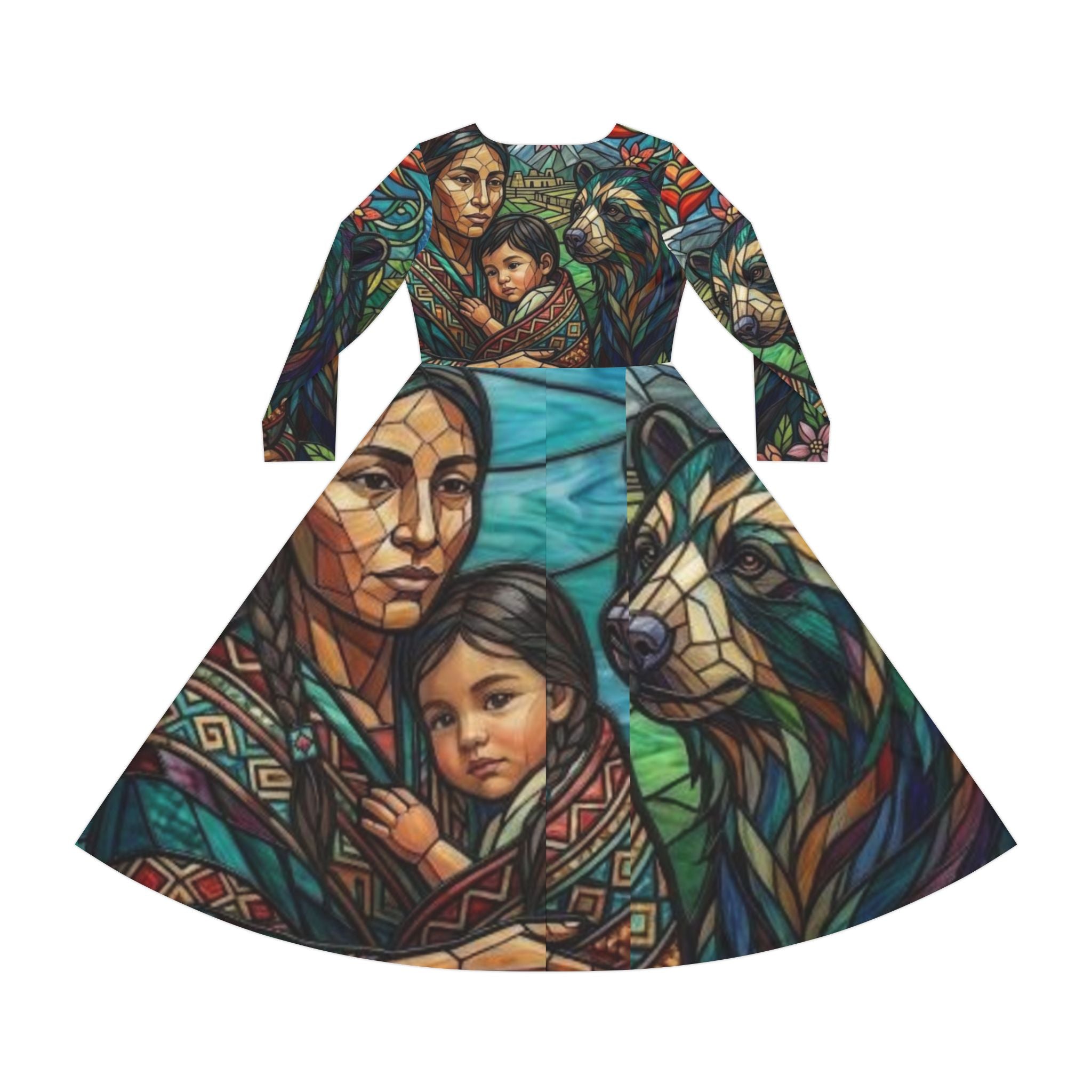 Columbian Mother and Child with spirit bear, No More Stolen Sisters Series, #mmiwg, Stained Glass Art Dress | Long Sleeve Dance Dress