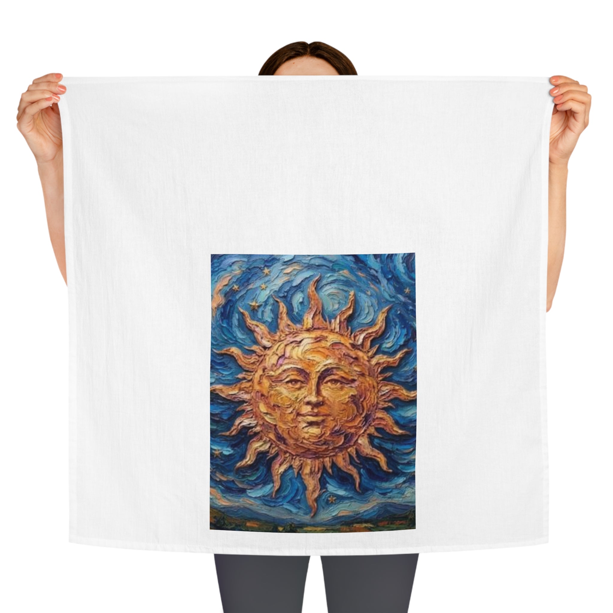 Sunburst Art Tea Towel — Hand-Painted Sun Design Decorative Kitchen Towel