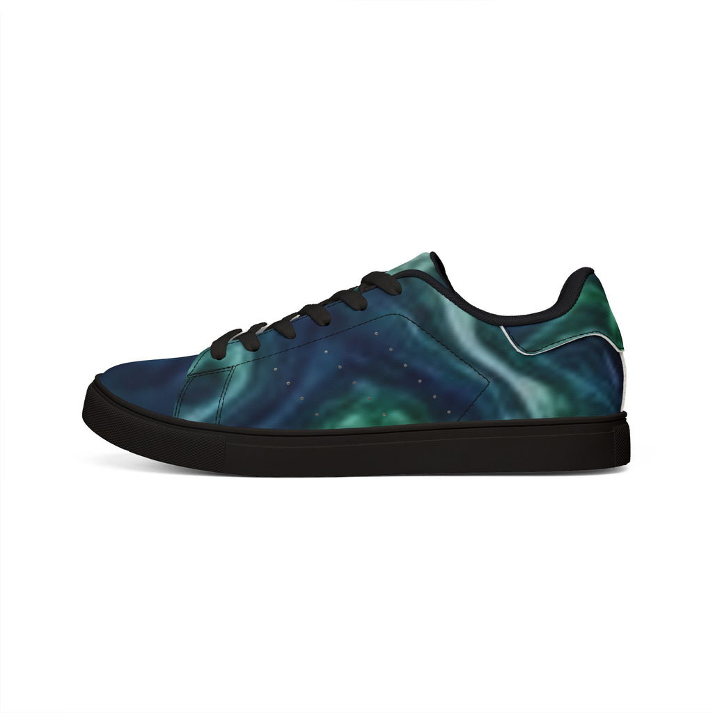 Men's Low-Top Leather Sneakers — Teal Marble Swirl Casual Shoes
