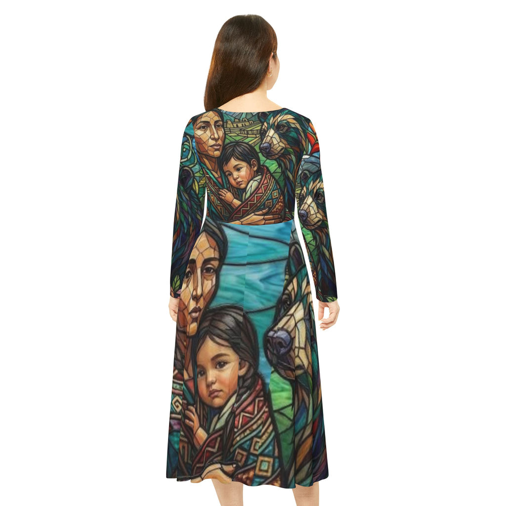 Columbian Mother and Child with spirit bear, No More Stolen Sisters Series, #mmiwg, Stained Glass Art Dress | Long Sleeve Dance Dress
