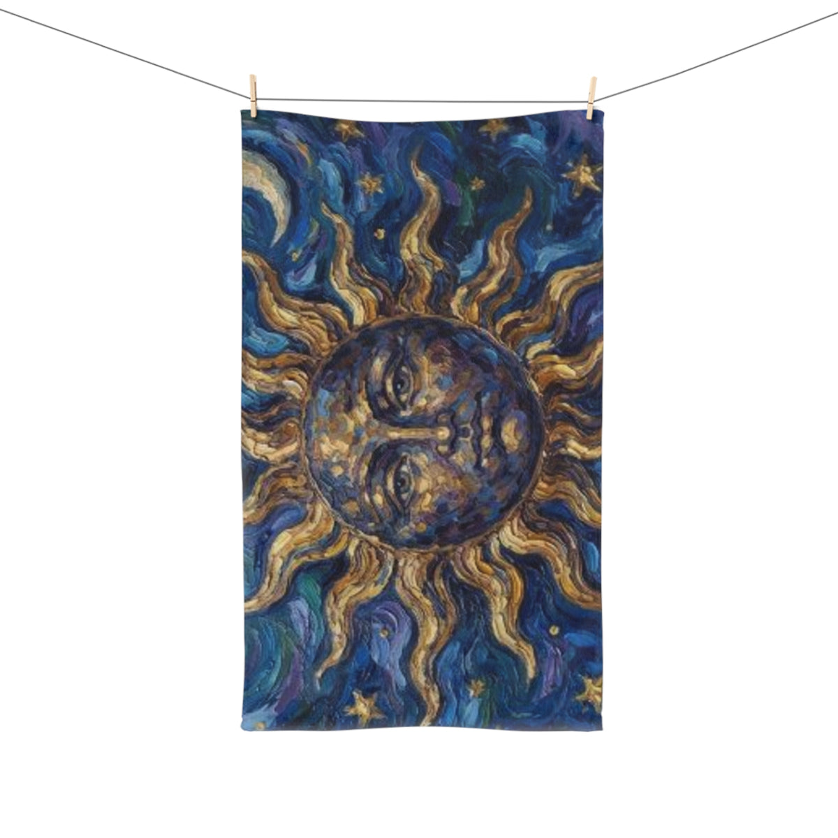 Celestial Sun & Stars Hand Towel — Van Gogh Style Night Sky