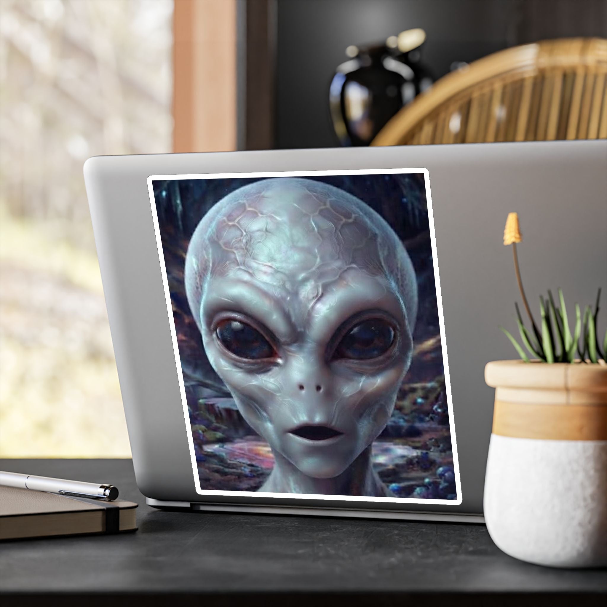 Alien Face Vinyl Decal — Kiss-Cut Extraterrestrial Sticker for Laptops, Windows & Gear