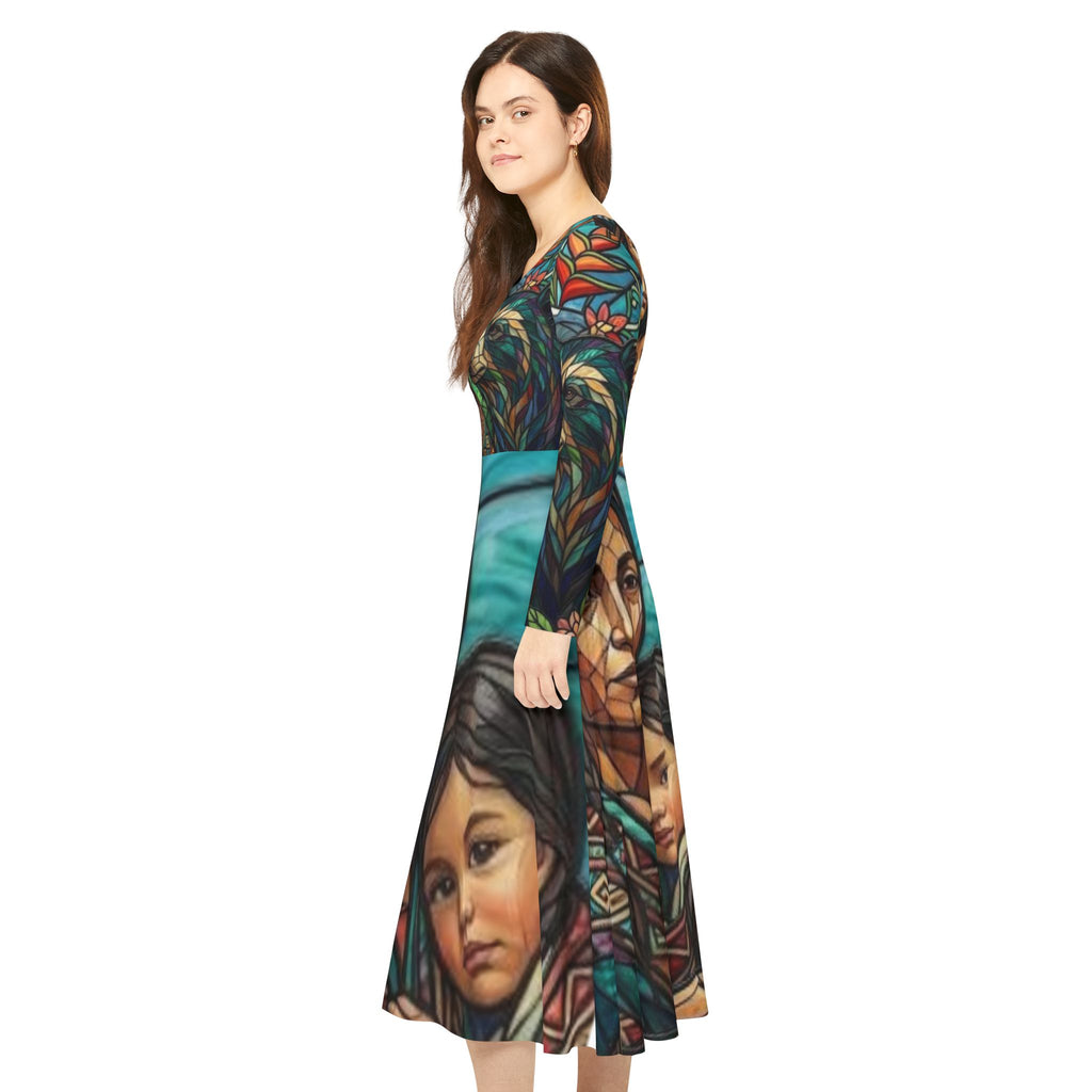 Madre e hijo colombianos con oso espiritual, Serie No Más Hermanas Robadas, #mmiwg, Vestido de Arte de Vidrio Teñido | Vestido de Baile de Manga Larga