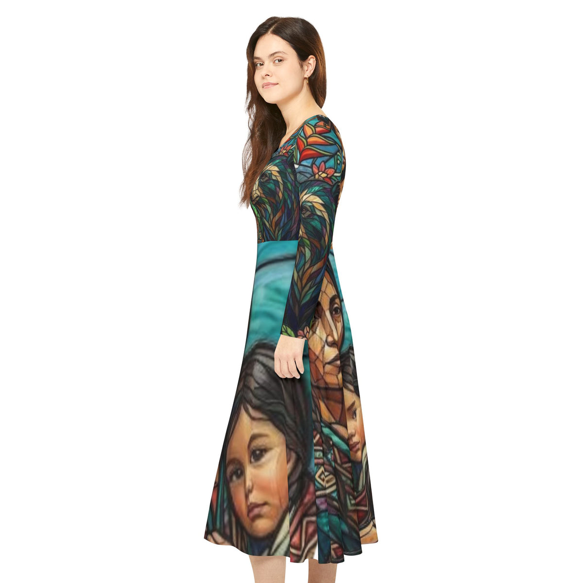 Columbian Mother and Child with spirit bear, No More Stolen Sisters Series, #mmiwg, Stained Glass Art Dress | Long Sleeve Dance Dress