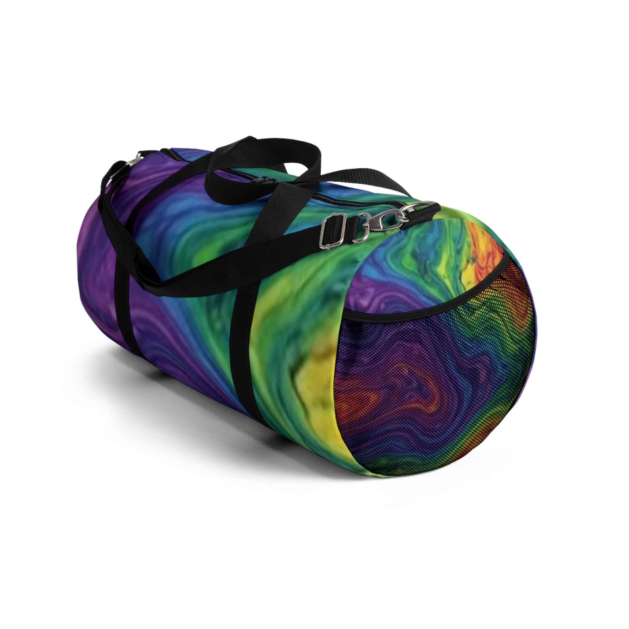 Rainbow Swirl Duffel Bag — Colorful Travel Gym Bag with Psychedelic Marble Print