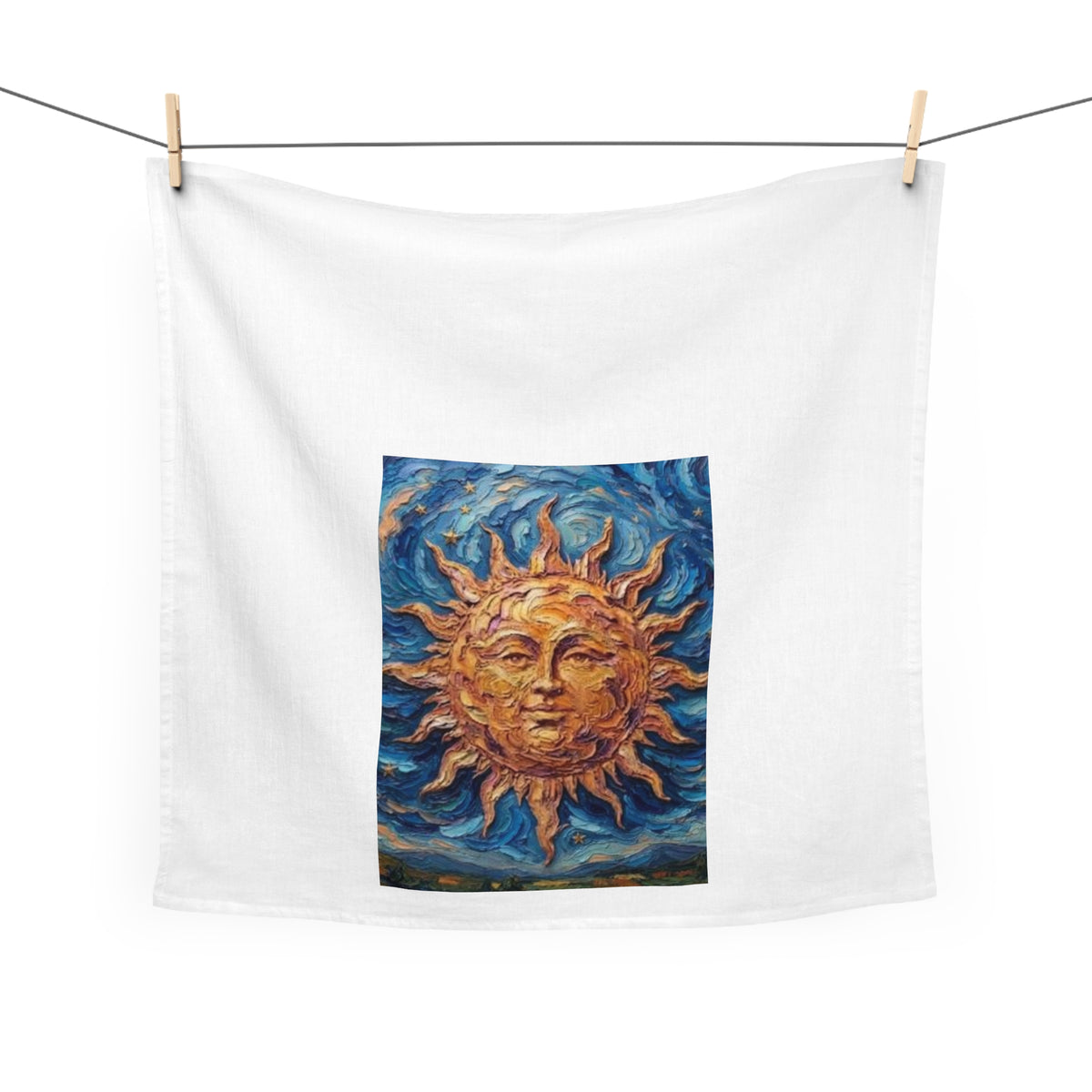 Sunburst Art Tea Towel — Hand-Painted Sun Design Decorative Kitchen Towel