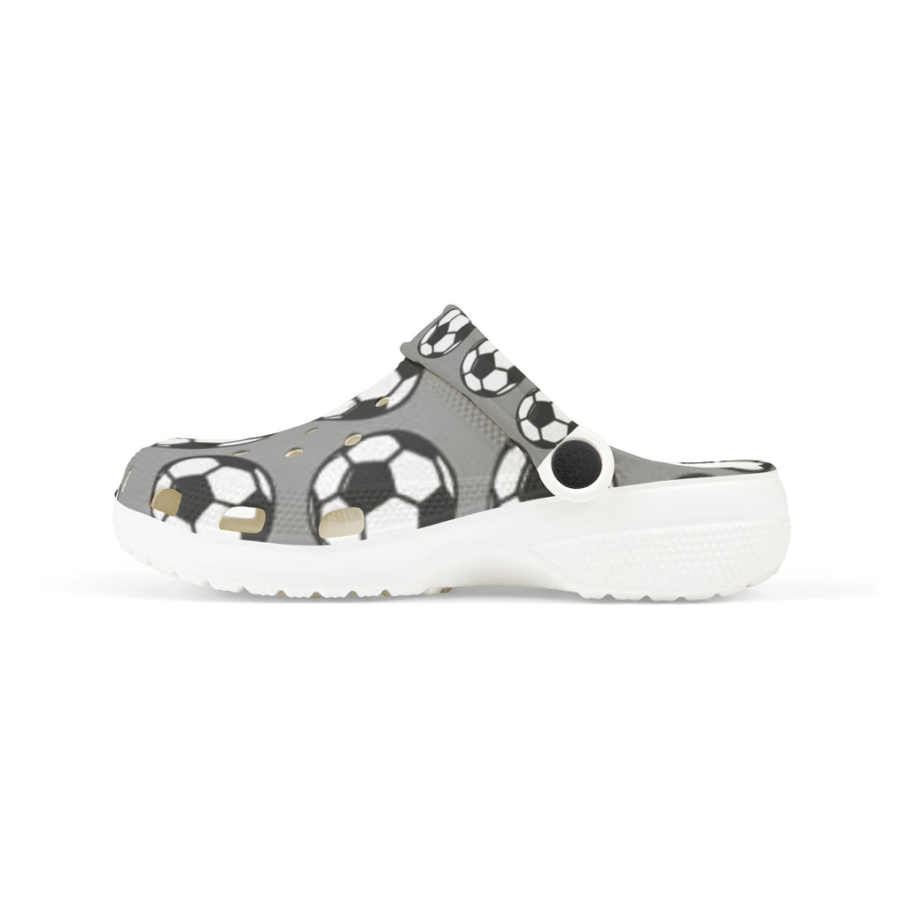Kids Soccer Clogs — Gray EVA Foam Slip-Ons with Soccer Ball Print