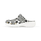 Gray EVA foam kids' soccer clogs with a playful soccer ball print, slip-on shoes designed for comfort and style.