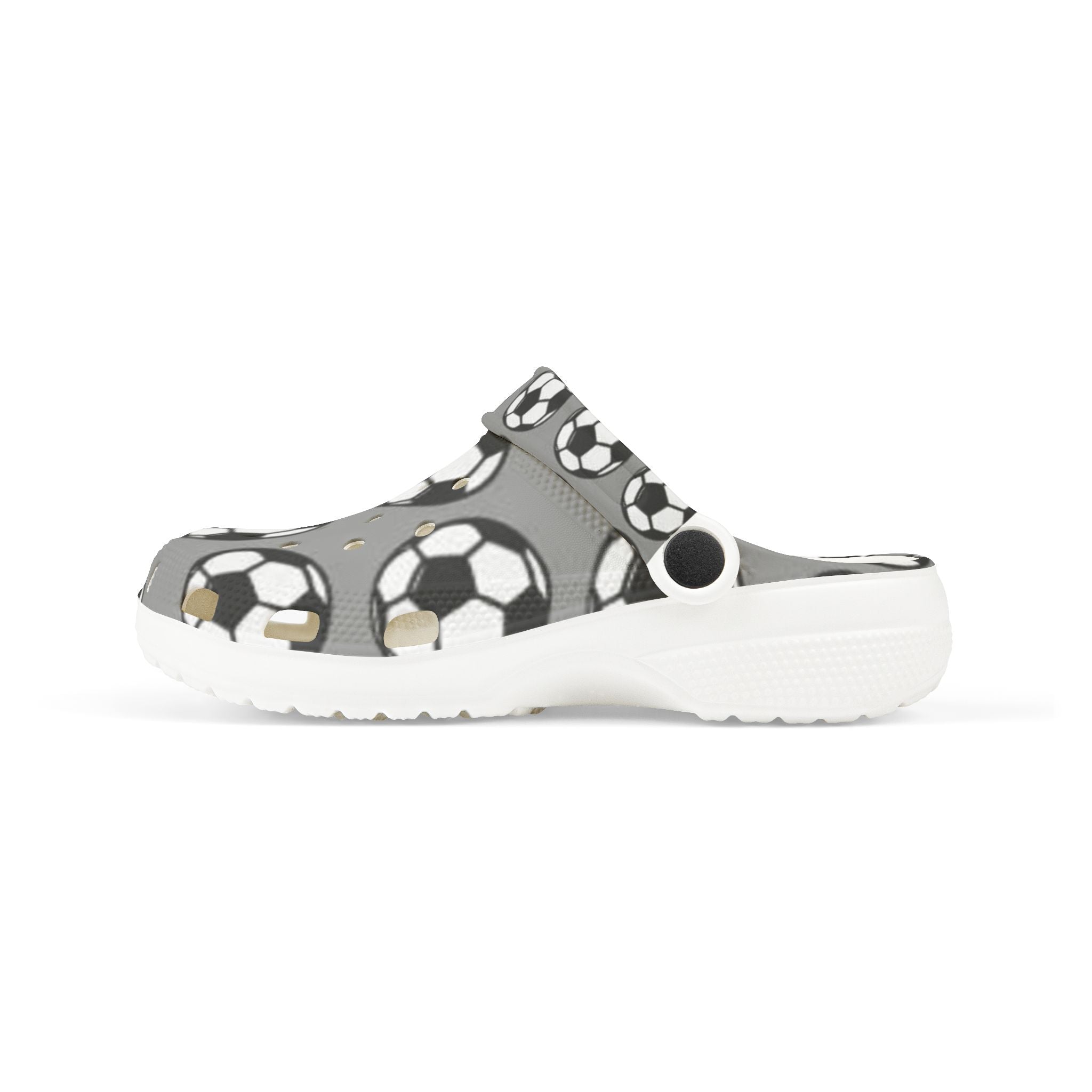 Kids Soccer Clogs — Gray EVA Foam Slip-Ons with Soccer Ball Print