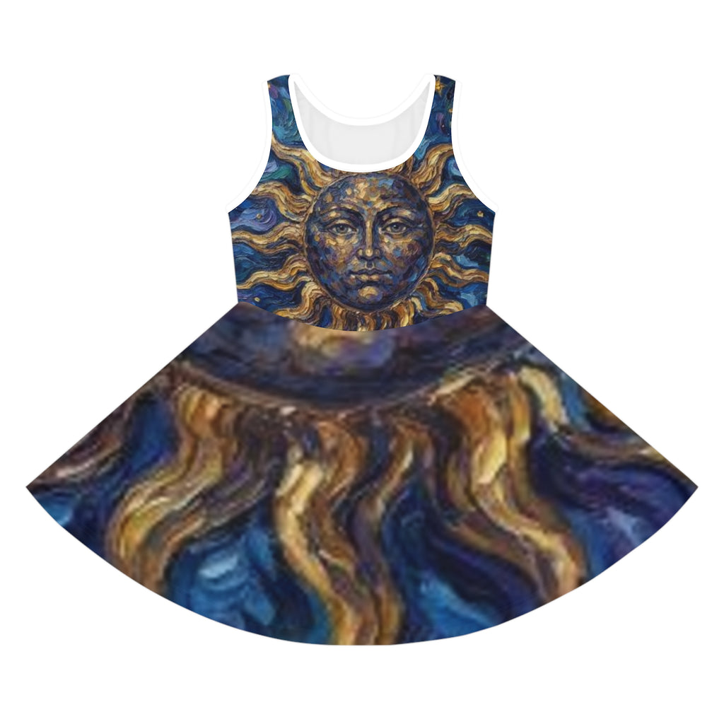 Sunface Art Sundress — Girls' Blue & Gold Celestial Sun Twirl Dress -"No More Stolen Sisters!" #mmiwg Collection