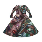 Abstract geometric print dress with long sleeves from Printify's "No More Stolen Sisters" series, featuring all-over vibrant patterns.