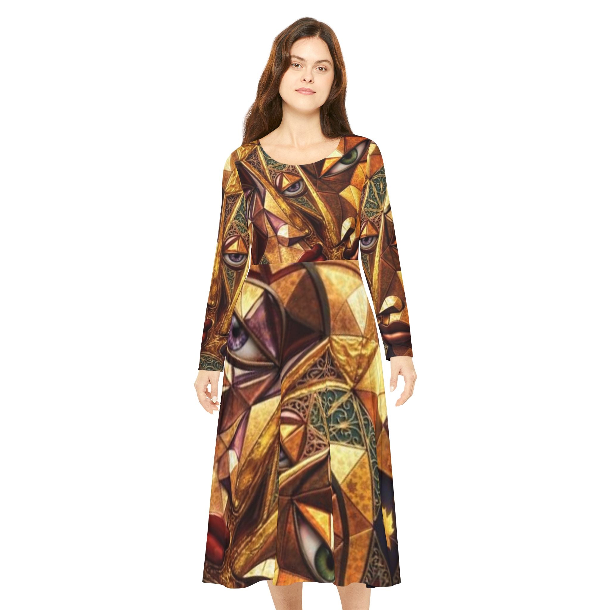 Geometric Cat Mosaic Long Sleeve AOP  Dress -"No More Stolen Sisters!" Collection