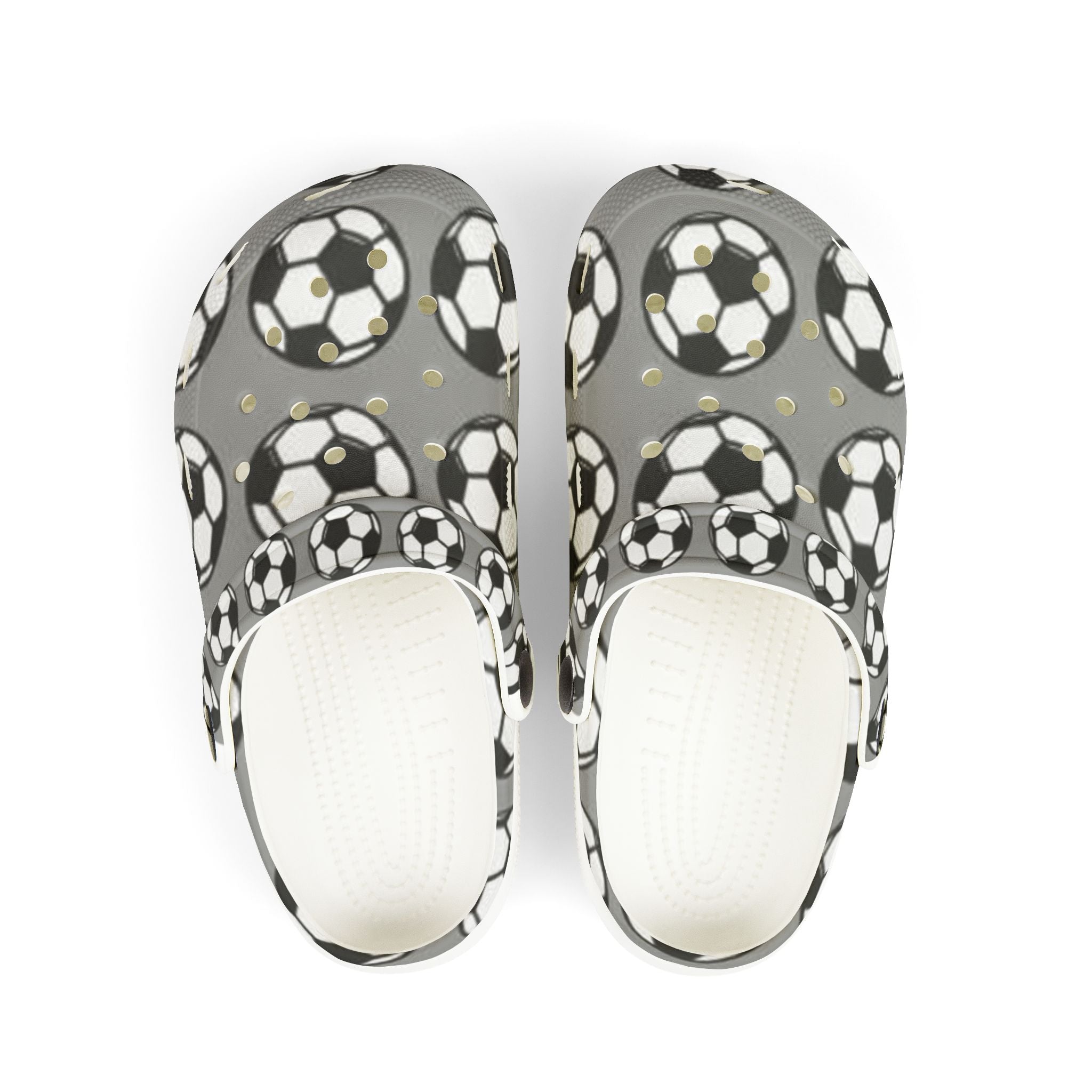 Kids Soccer Clogs — Gray EVA Foam Slip-Ons with Soccer Ball Print