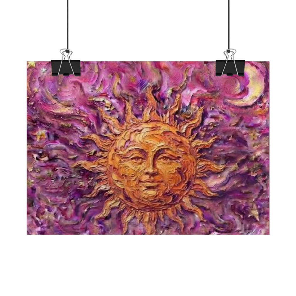 Póster de arte Sunburst - Sol dorado sobre fondo morado texturizado