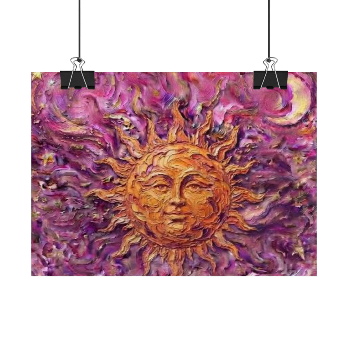 Póster de arte Sunburst - Sol dorado sobre fondo morado texturizado
