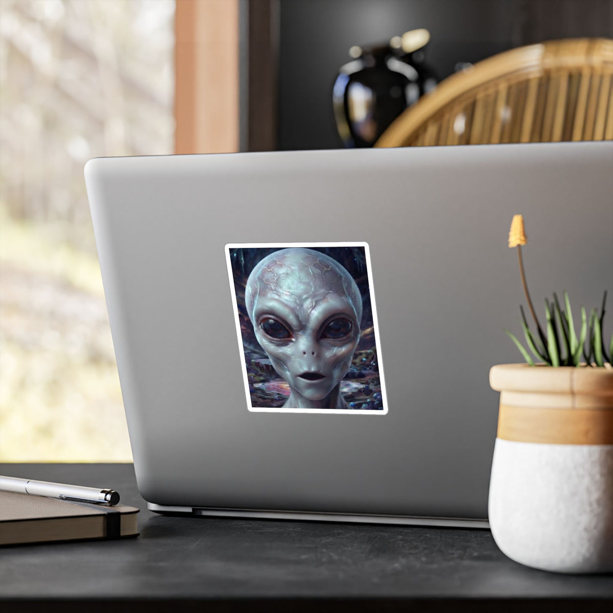 Alien Face Vinyl Decal — Kiss-Cut Extraterrestrial Sticker for Laptops, Windows & Gear