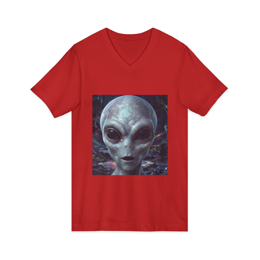 Alien Face V-Neck Tee — Realistic Extraterrestrial Graphic T-Shirt