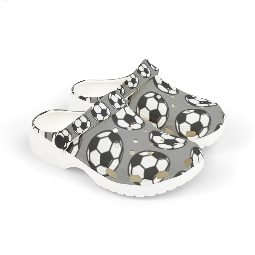 Kids Soccer Clogs — Gray EVA Foam Slip-Ons with Soccer Ball Print