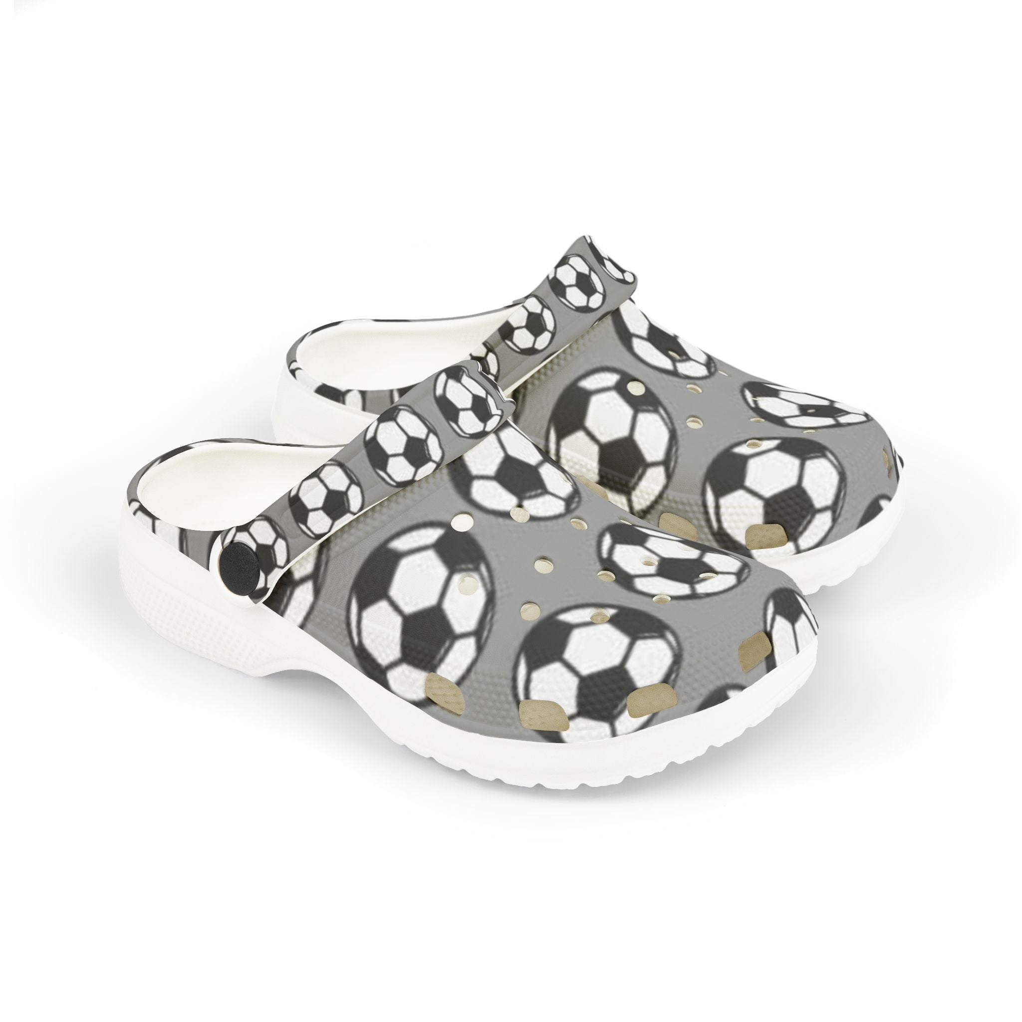 Kids Soccer Clogs — Gray EVA Foam Slip-Ons with Soccer Ball Print