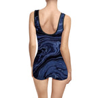 Navy marble vintage one-piece swimsuit with retro all-over print by Printify, featuring a classic design and bold pattern.