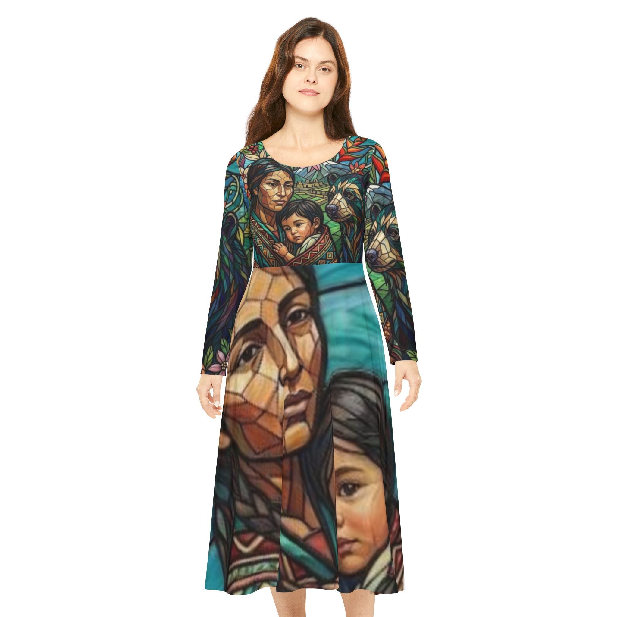 Columbian Mother and Child with spirit bear, No More Stolen Sisters Series, #mmiwg, Stained Glass Art Dress | Long Sleeve Dance Dress