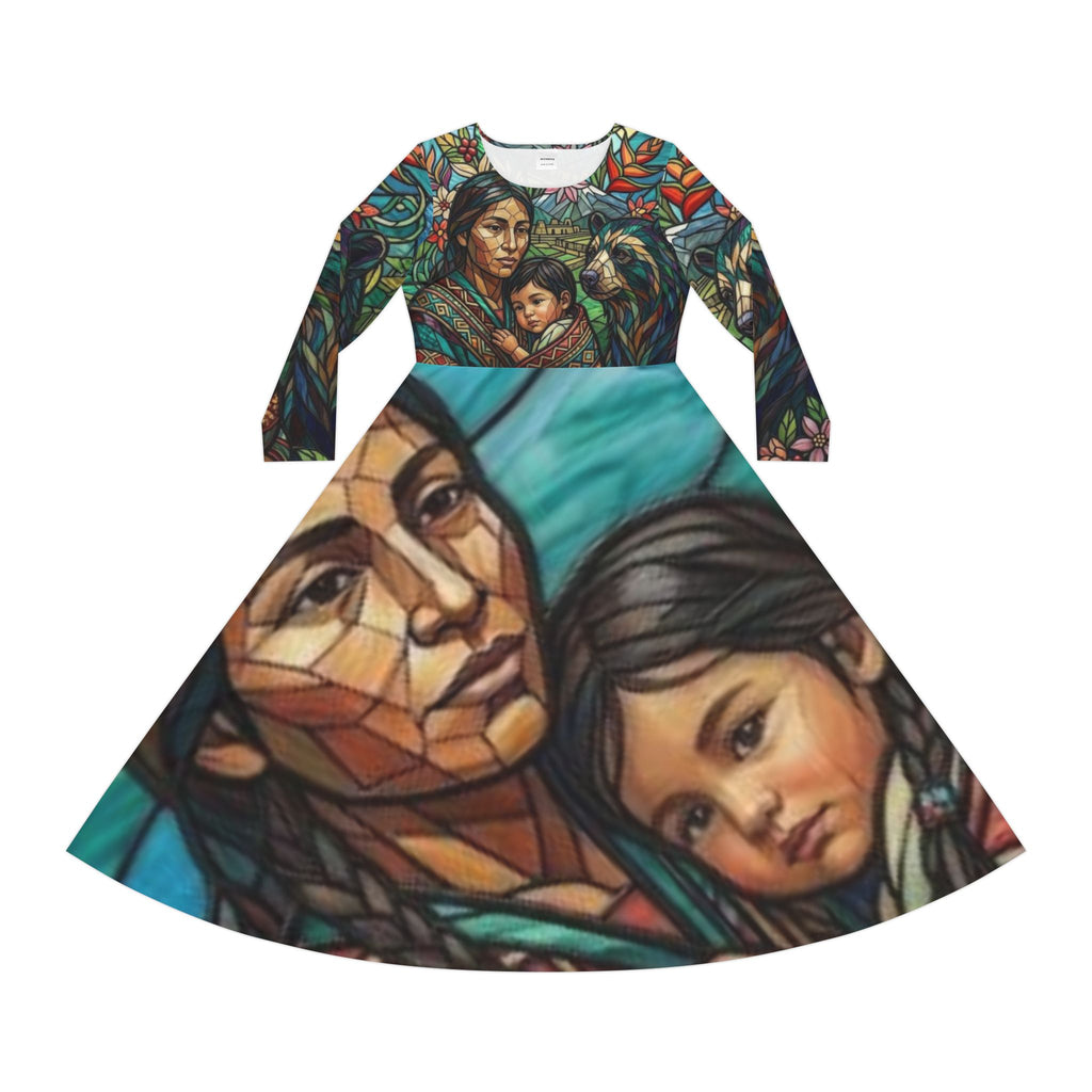 Columbian Mother and Child with spirit bear, No More Stolen Sisters Series, #mmiwg, Stained Glass Art Dress | Long Sleeve Dance Dress
