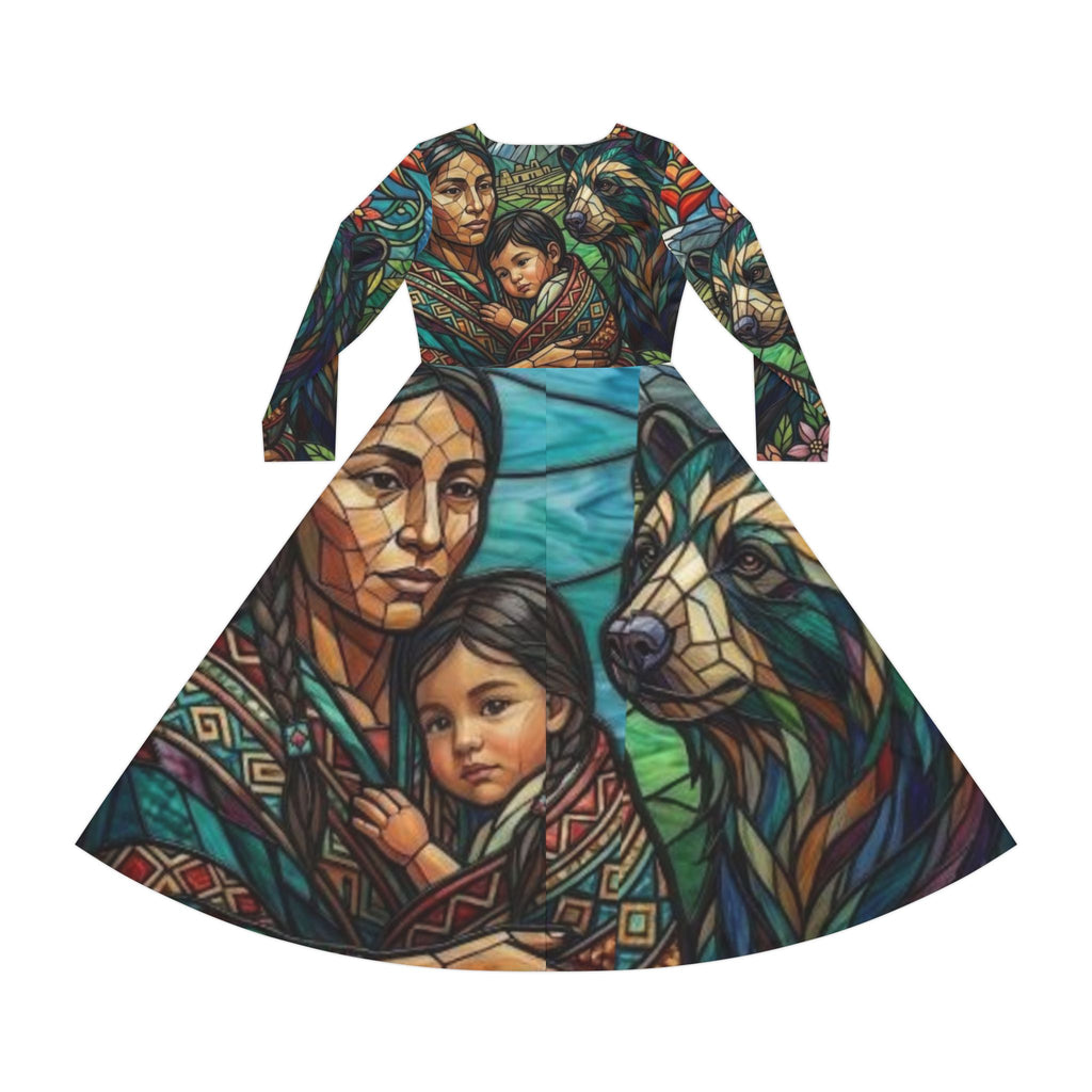 Columbian Mother and Child with spirit bear, No More Stolen Sisters Series, #mmiwg, Stained Glass Art Dress | Long Sleeve Dance Dress