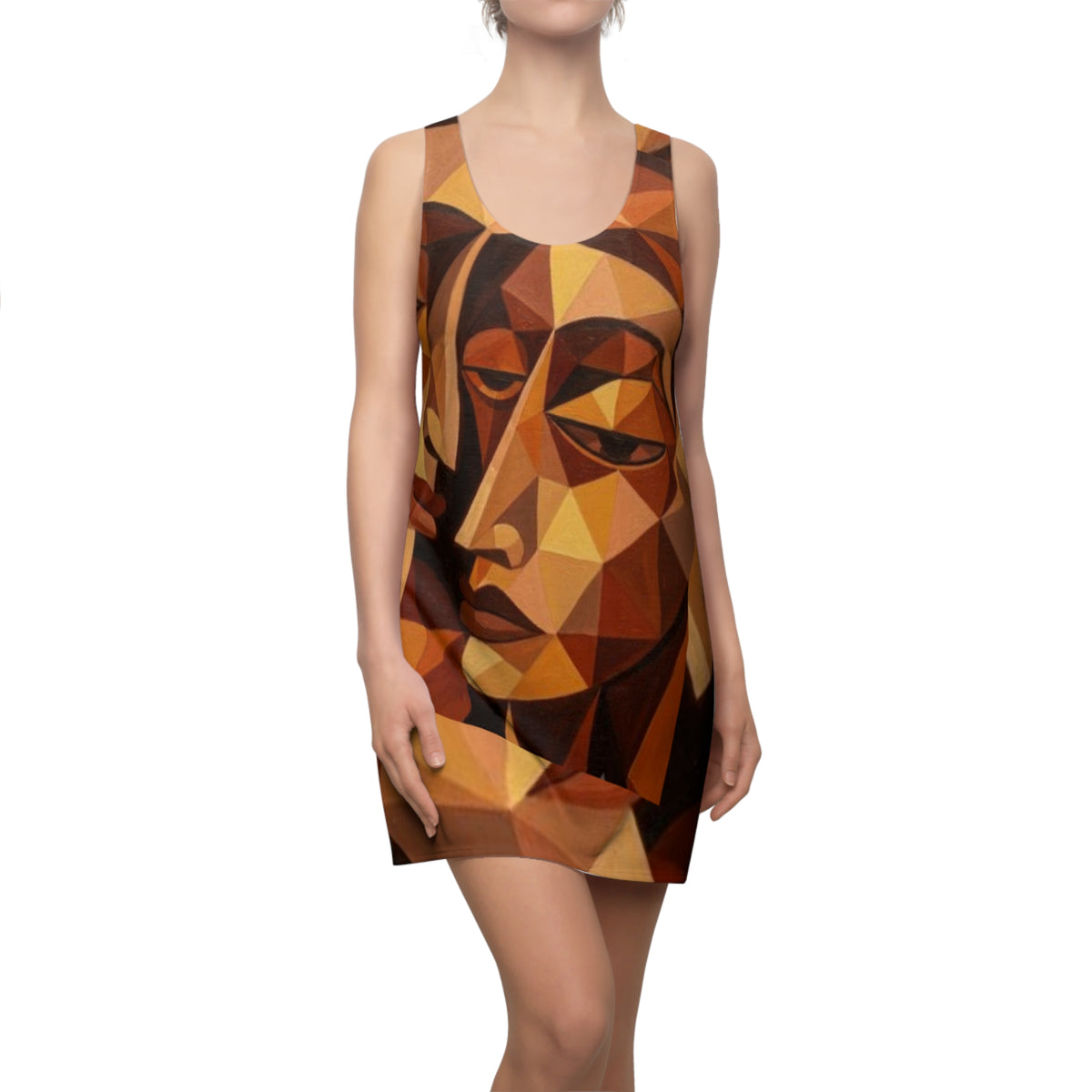 Geometric Abstract Face Racerback Dress | Cubist Portrait All-Over Print