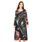 All-over print skater dress with abstract face designs from the "No More Stolen Sisters" collection by Printify, long sleeve style.